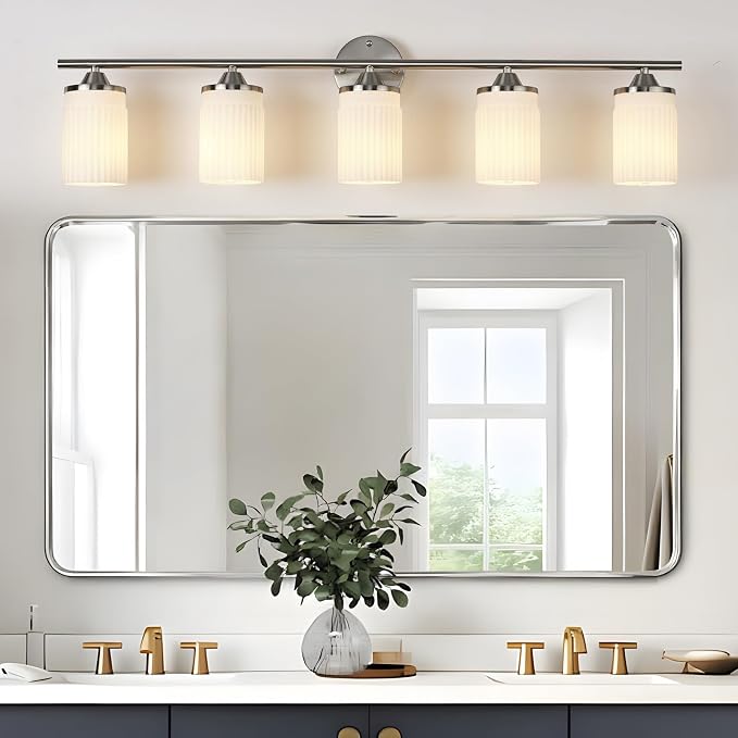 Jonsi Nickel Bathroom Light Fixtures 5-Light Vanity Lights Modern Wall Sconce with Milk White Shade Brushed Nickel Bathroom Light Fixture Over Mirror for Bedroom Hallway Kitchen