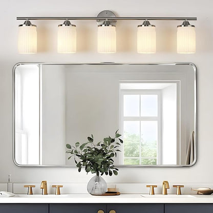 Jonsi Nickel Bathroom Light Fixtures 5-Light Vanity Lights Modern Wall Sconce with Milk White Shade Brushed Nickel Bathroom Light Fixture Over Mirror for Bedroom Hallway Kitchen