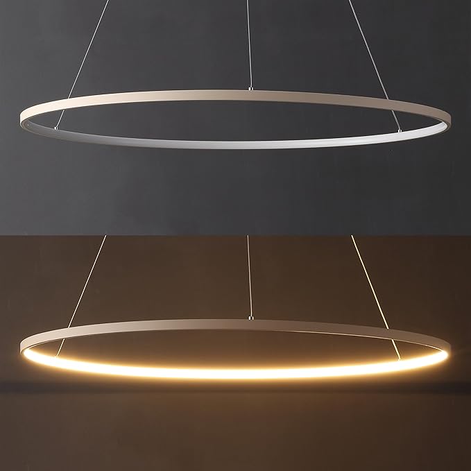 JONATHAN Y 35" Beige Modern Integrated LED Pendant Light, Dimmable Round Hoop Chandelier for Kitchen Island, Dining Room, Adjustable Height Metal Hanging Light (JYL7220H)