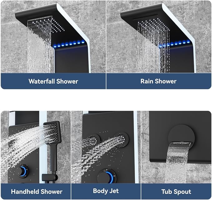 ELLO&ALLO LED Shower Panel Tower System with Shelf, Rainfall Shower Head and Rain Massage System with Body Jets, Stainless Steel Bathroom Fixtures, Matte Black&Slive