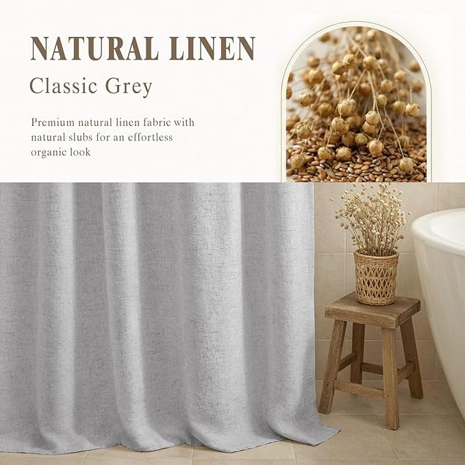 Linen Shower Curtain Grey, Fabric Boho Farmhouse Shower Curtains for Bathroom Cotton Natural Cloth Liner Set 72" W x 72" L