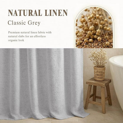 Linen Shower Curtain Grey, Fabric Boho Farmhouse Shower Curtains for Bathroom Cotton Natural Cloth Liner Set 72" W x 72" L