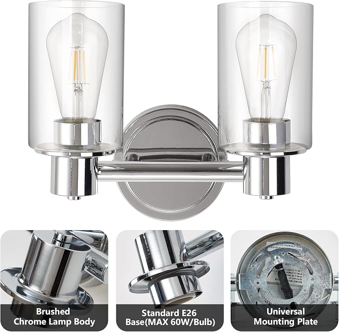 2 Light Bathroom Wall Sconce Light Fixtures with Clear Glass Bathroom Wall Lights Over Mirror Vanity Lights Chrome with E26 Base