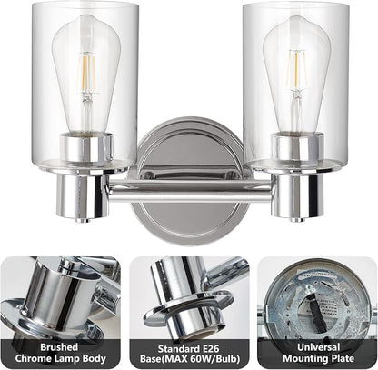 2 Light Bathroom Wall Sconce Light Fixtures with Clear Glass Bathroom Wall Lights Over Mirror Vanity Lights Chrome with E26 Base