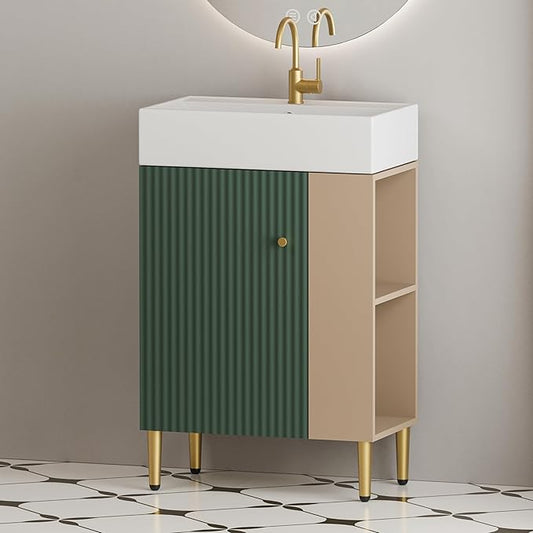 Merax 21.6" Small Bathroom Vanity with Sink Narrow Depth Bathroom Vanities,Wood Vanity Cabinet,Soft Closing Door,Freestanding Sink Cabinet W/Open Side Shelves,Green