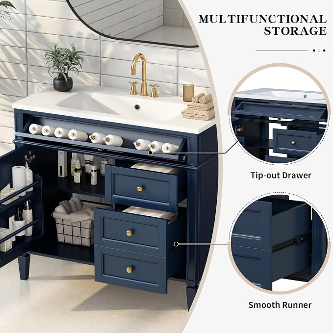 36'' Bathroom Vanity with Top Single Resin Sink Countertop Combo, Solid Wood Frame Modern Organizer Storage Cabinet, Tip-Out Drawer, Soft Closing Doors, Free Standing, Blue