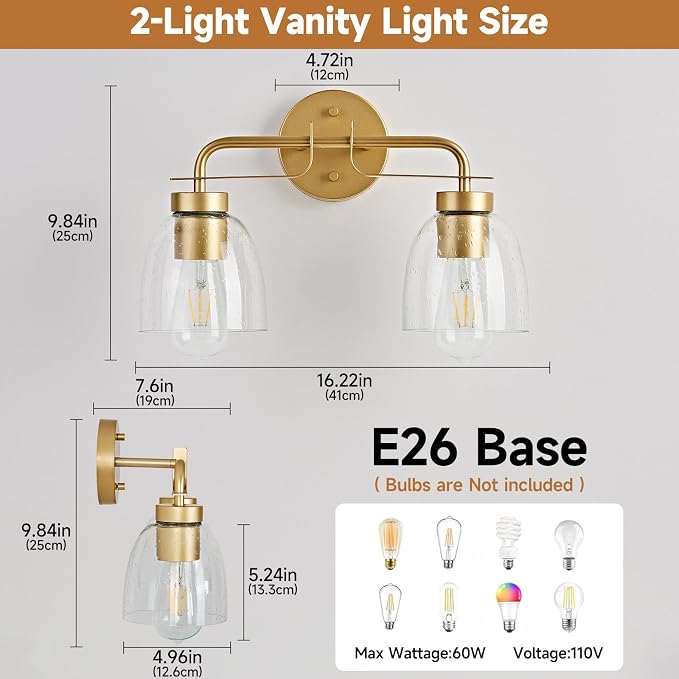 16 Inch Vanity Lights, 2-Light Golden Modern Industrial Bathroom Light Fixtures with Bell Bubble Glass Shade, Wall Sconce for Bathroom Mirror, Bedroom, Hallway (2 Pack)