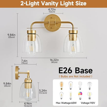 16 Inch Vanity Lights, 2-Light Golden Modern Industrial Bathroom Light Fixtures with Bell Bubble Glass Shade, Wall Sconce for Bathroom Mirror, Bedroom, Hallway (2 Pack)
