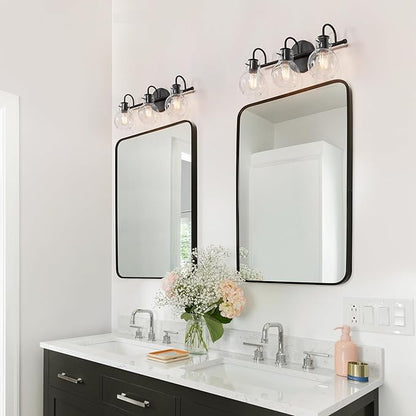LALUZ Black Bathroom Vanity Light Fixtures, 3-Light Matte Black Farmhouse Vanity Lights with Clear Glass Globe, 22'' Modern Bathroom Lighting Lights Over Mirror