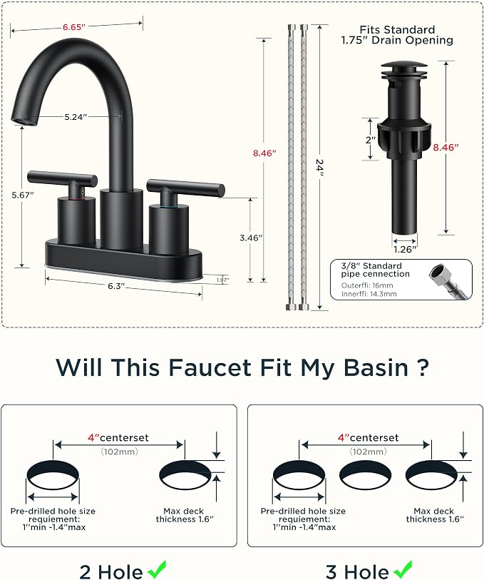 FORIOUS 2 Pack Matte Black Bathroom Faucet Centerset, 4" Commercial Faucets | 4 Inch Black Bathroom Faucet Centerset, 4 In Black Matte Bathroom Sink Faucet for Rv, Bulk, Wholesale, New construction
