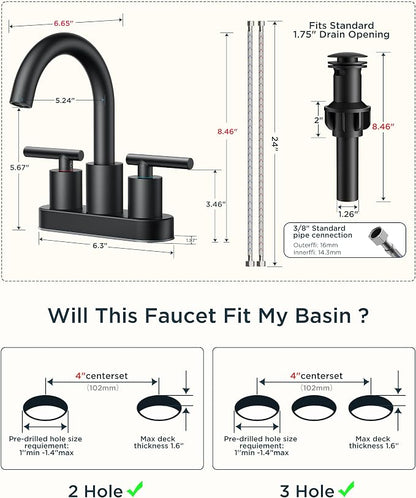 FORIOUS 2 Pack Matte Black Bathroom Faucet Centerset, 4" Commercial Faucets | 4 Inch Black Bathroom Faucet Centerset, 4 In Black Matte Bathroom Sink Faucet for Rv, Bulk, Wholesale, New construction