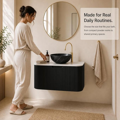 30 Inch Bathroom Vanity with Sink, Floating Wall Mounted Single Sink Vanity, Black Curved Fluted Front, Stone Top, Black Marble Vessel Basin, Pre-Assembled
