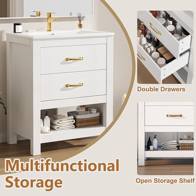 Bathroom Vanity with Sink, 24 Inch Small Bathroom Storage Cabinet with Double Drawers, Freestanding Modern Bathroom Cabinet with Open Bottom Shelf & LED Light, White