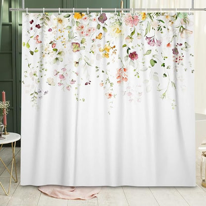 Spring Flower Extra Long Shower Curtain, Floral Colorful Nature Machine Washable Waterproof for Bathroom Bathtub with Hooks 72Wx84H