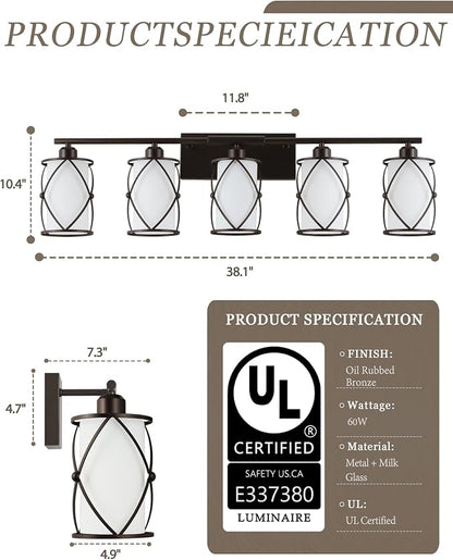 5-Light Oil Rubbed Bronze Bathroom Light Fixtures Over Mirror, 38" UL-Listed Modern Farmhouse Wall Sconce Lights with Milk White Frosted Glass and Metal Cage for Bath, E26, CH9176ORBW-5W