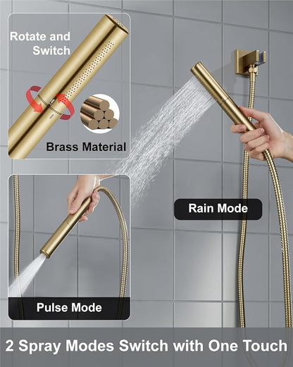 Aolemi Shower System with Rain Head and Handheld,10-Inch,Brushed Gold | High-Pressure Shower Faucet Set with Dual-Function Handheld,Rough-In Valve,1.8 GPM,Ceiling Mount Trim Kit