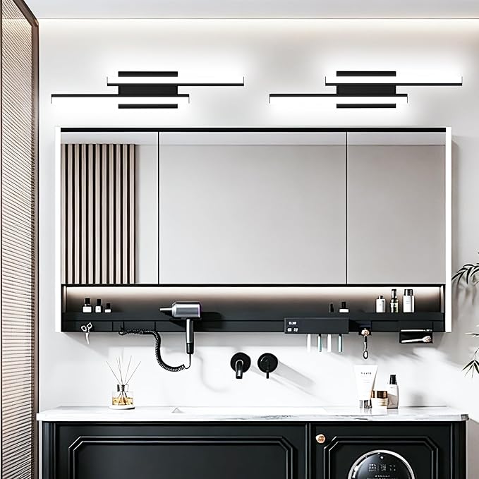 Bathroom Light Fixture Over Mirror Retractable Vanity Light Bar | 5CCT 24 Inch Modern LED Dimmable Black Bathroom Lamp IP44 25W 2200LM - Wall Light Fixture ETL Certified (2 Pack)