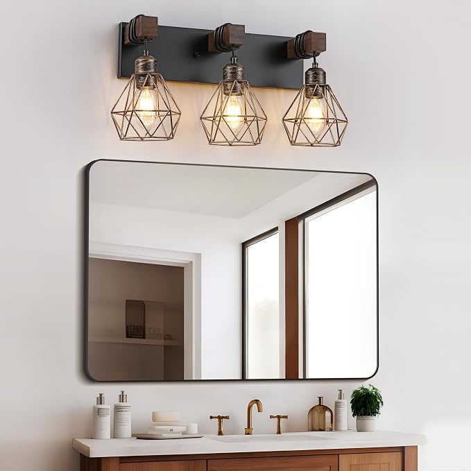 maesta Bathroom Vanity Light, 3 Light Farmhouse Fixture Over Mirror | Farmhouse Bathroom Light Fixtures, Wood & Metal, Black Gold, Anti-Rust Easy to Install for Rustic Bathroom Hallway
