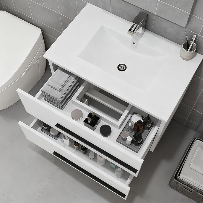 30 inch Floating Bathroom Vanity with Sink, Space Saving Fluted Design for Small Bathrooms, Soft Closing Drawers & Black Handles White
