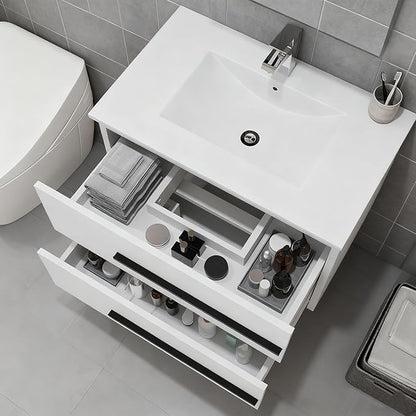 30 inch Floating Bathroom Vanity with Sink, Space Saving Fluted Design for Small Bathrooms, Soft Closing Drawers & Black Handles White