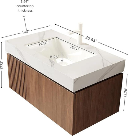 KEIKI 36 Inch Floating Bathroom Vanity with Sink, Brown Oak & White | Modern Wall Mounted Storage Cabinet w/ Drawer & Door, Pre-assembled Wood Panels, Sintered Stone Top & Ceramic Basin Combo Set