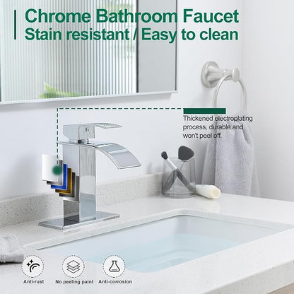 VOTON Chrome Bathroom Faucets Modern Single Handle Waterfall Sink Faucet for 1 or 3 Holes with Deck Plate, Rv Sink Camper Farmhouse Bathroom Utility Remodel Faucet