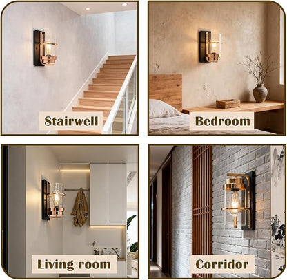 Rose Gold and Black Wall Sconce, Modern Vanity Light Fixture | Hardwired,E26 base,mid-century clear glass sconce for mirror.hallway.bathroom.fireplace