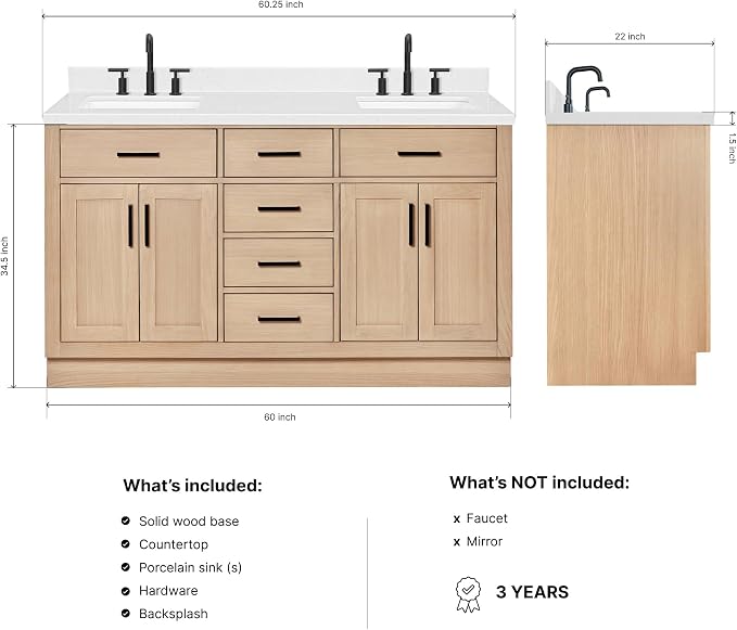 ARIEL Hepburn 60-inch Bathroom Vanity with Sink,Solid Wood, 1.5-inch Carrara White Quartz Countertop, Double Rectangular Porcelain Sink, 4 Soft Closing Doors, 6 Dovetail Drawers, White Oak