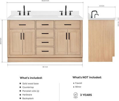 ARIEL Hepburn 60-inch Bathroom Vanity with Sink,Solid Wood, 1.5-inch Carrara White Quartz Countertop, Double Rectangular Porcelain Sink, 4 Soft Closing Doors, 6 Dovetail Drawers, White Oak