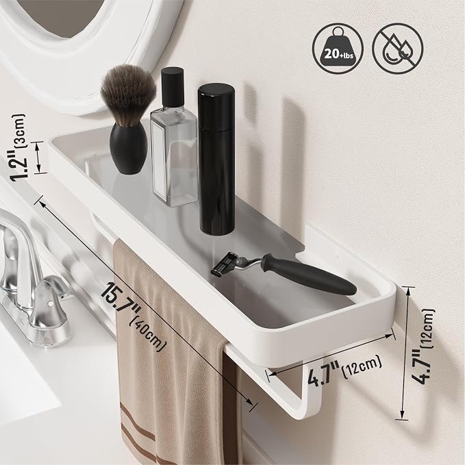 16 Inch Long Floating Bathroom Shelf with Towel Bar, Clear Tempered Glass Wall Shelf with Hand Towel Holder for Bathroom Storage Organizer, Matte White