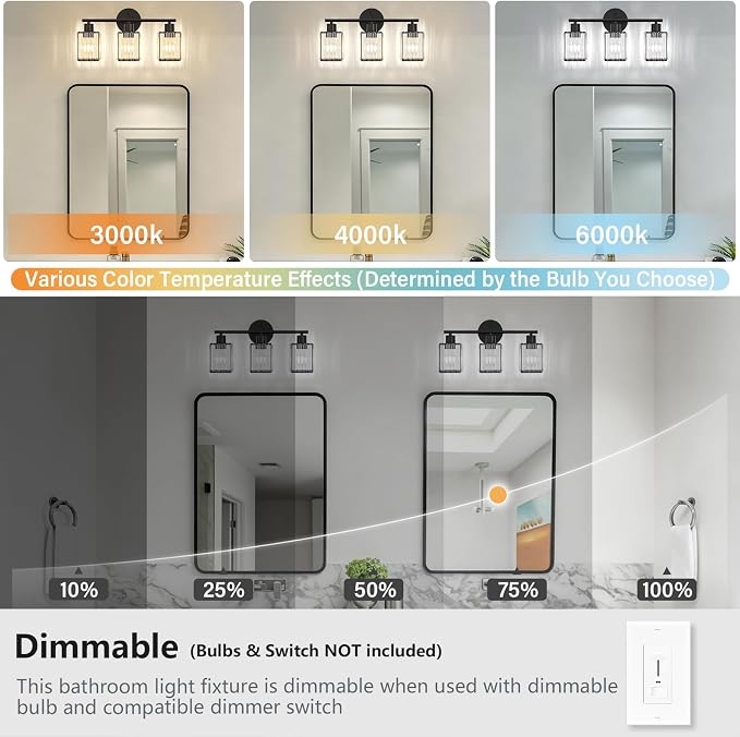 3 Light Bathroom Light Fixtures, Modern Crystal Vanity Lights over Mirror | Metal Frame, Bathroom Light with Square Crystal Shade, ETL Certified, E26 Ceramic Socket, Bulbs Not Included