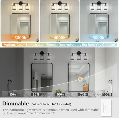 3 Light Bathroom Light Fixtures, Modern Crystal Vanity Lights over Mirror | Metal Frame, Bathroom Light with Square Crystal Shade, ETL Certified, E26 Ceramic Socket, Bulbs Not Included