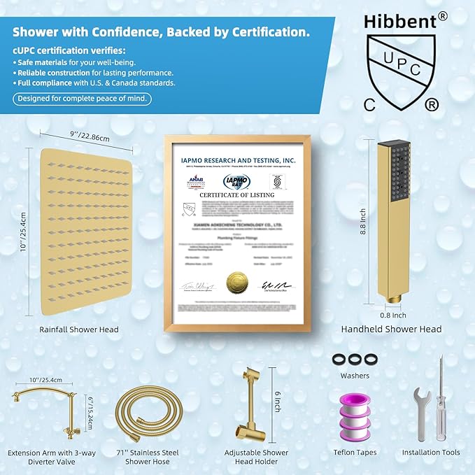 Hibbent All Metal CUPC Certified 10'' Rain Shower Head, Dual Shower Head Combo, High Pressure Handheld 4 Sprays Shower Wand, 16'' Adjustable Extension Arm, 71'' Hose, Shower Holder, Brushed Gold