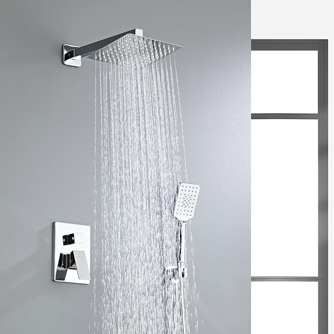Bathroom Shower System 8 Inch Rain Shower Head and Handheld Wall Mounted, High Pressure Rainfall Dual Shower Combo Set with Valve and trim, Luxury Rain Mixer Brushed Silver Shower Faucet