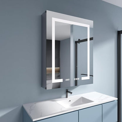 LED Medicine Cabinet 24x30 Anti-Fog Mirror Dimmable Recessed Mount | 3 Color Dimmable LED. Time Temp Display. Anti-Fog IP44. 2 Outlets+2 USB. Plug-in/Hardwired. Recessed/Wall Mount. Right Hinge.