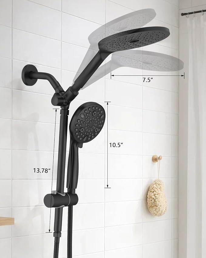 PDPBath High Pressure Rainfall Shower Head with Handheld Combo, 10 Setting Handheld Shower Head, Dual Handheld Shower Head Combo with Slide Bar for Easy Reach, Matte Black