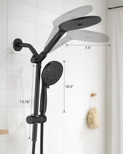 PDPBath High Pressure Rainfall Shower Head with Handheld Combo, 10 Setting Handheld Shower Head, Dual Handheld Shower Head Combo with Slide Bar for Easy Reach, Matte Black