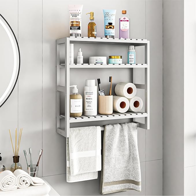 Galood Over The Toilet Storage Bathroom Shelves Wall Mounted 3 Tier White | Space Saver Corner Shelf Organizer Bamboo Towel Rack Toilet Paper Cabinet with Hanging Rod