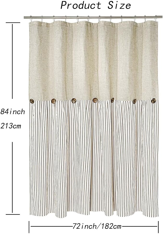DOSLY Ides Farmhouse Shower Curtain, Beige and Brown Stripe, Button Curtain, Linen and Cotton Woven Fabric, Rustic Charm Country Chic Style, 72x84 in