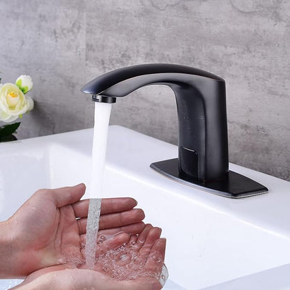 Automatic Touchless Bathroom Sink Faucet Sensor Motion Activated Commercial Faucets Hands Free Infrared Residential Basin Tap with Deck Plate Water Mixer Valve Control Box (Matte Black)