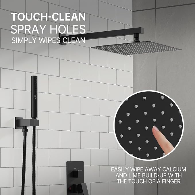 12 Inch Rainfall Shower System Rain Shower Head Combo Shower Faucet Fixture | Shower Head and Handle Set Wall Mounted Shower Mixer Kit Valve Black