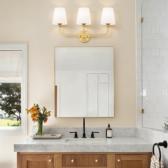 Bathroom Light Fixtures, 3-Light Brushed Gold Vanity Lights, Bathroom Lighting Fixtures Over Mirror with Flared White Fabric Shade, Modern Wall Sconces for Living Room Hallway
