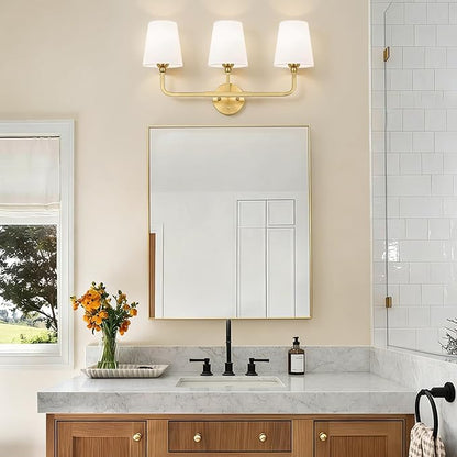 Bathroom Light Fixtures, 3-Light Brushed Gold Vanity Lights, Bathroom Lighting Fixtures Over Mirror with Flared White Fabric Shade, Modern Wall Sconces for Living Room Hallway