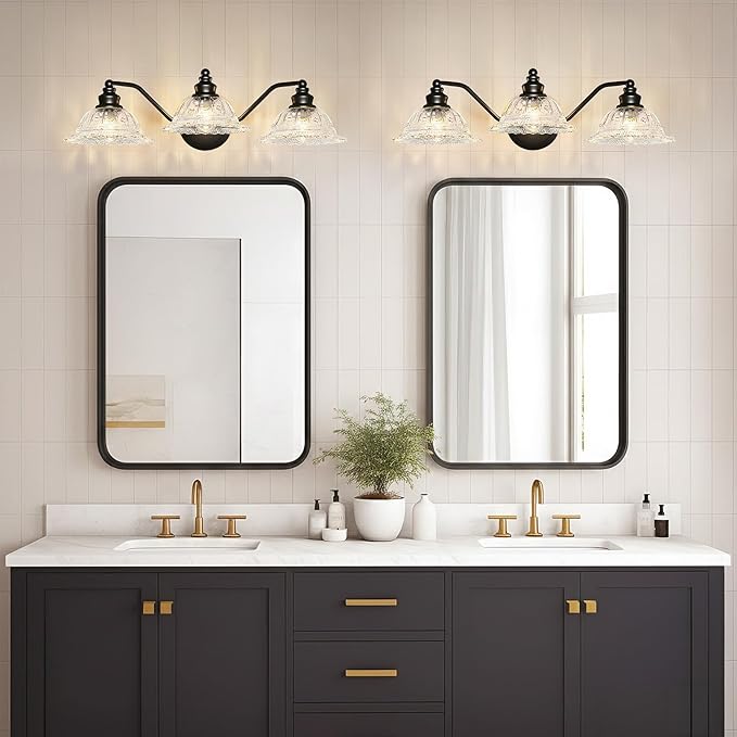Redluck Vintage Bathroom Vanity Light Fixture, 3-Light Bathroom Lighting Fixtures Over Mirror, Matte Black Finish with Crystal Glass Shade, Wall Sconces Lighting for Bedroom, Living Room, Hallway