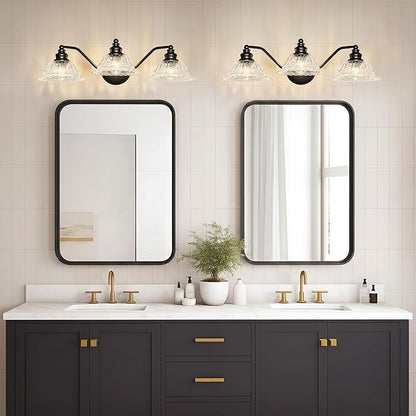 Redluck Vintage Bathroom Vanity Light Fixture, 3-Light Bathroom Lighting Fixtures Over Mirror, Matte Black Finish with Crystal Glass Shade, Wall Sconces Lighting for Bedroom, Living Room, Hallway