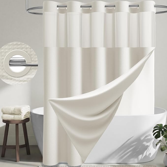 Ivory Hook Free Waffle Shower Curtain & Snap-in Fabric Liner,72x99 | Less Time to install, 3 in 1 Fabric Shower Curtain and Liner Set with Magnets, Extra Long, Shower Curtains for Bathroom
