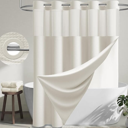Ivory Hook Free Waffle Shower Curtain & Snap-in Fabric Liner,72x75 | Less Time to install, 3 in 1 Fabric Shower Curtain and Liner Set with Magnets, Mesh Top Window, Shower Curtains for Bathroom