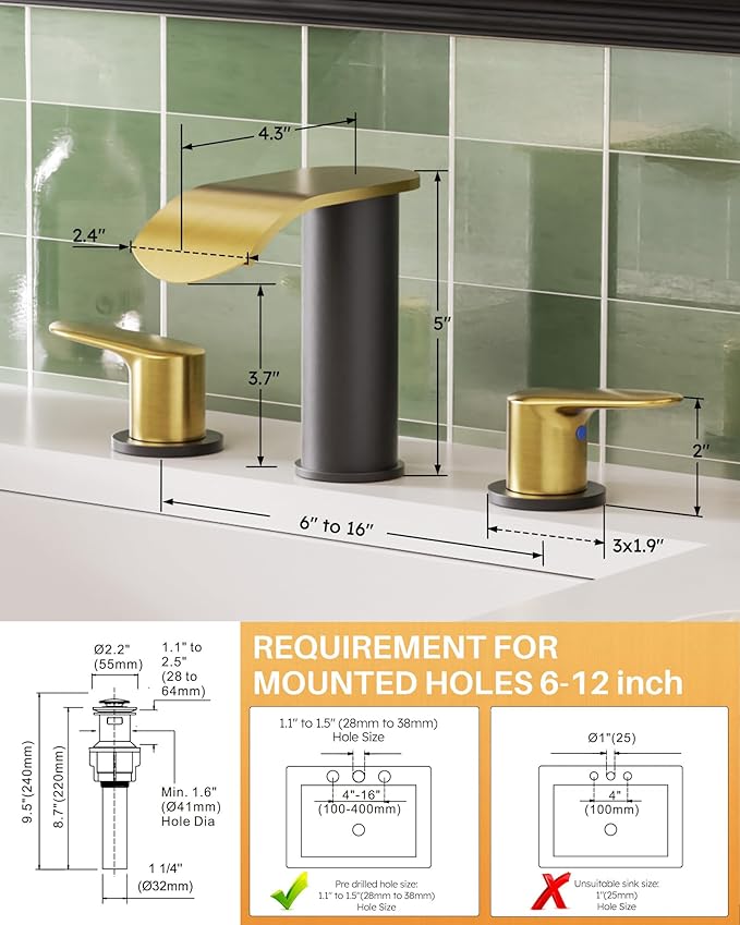 WOWOW Waterfall Bathroom Faucet 3 Holes 8Inch Widespread Bathroom Sink Faucet, Two Handles Lavatory Vanity Sink Faucets with Pop-up Drain & Supply Hoses, Modern Faucet Mixer Taps Black and Gold