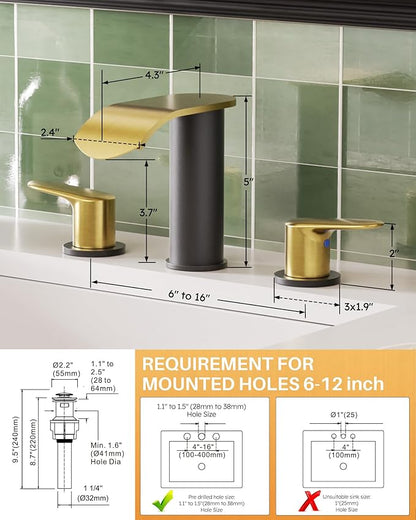 WOWOW Waterfall Bathroom Faucet 3 Holes 8Inch Widespread Bathroom Sink Faucet, Two Handles Lavatory Vanity Sink Faucets with Pop-up Drain & Supply Hoses, Modern Faucet Mixer Taps Black and Gold