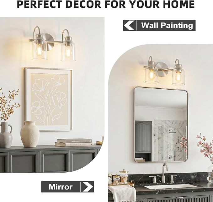 2 Lights Bathroom Light Fixtures Brushed Nickel Vanity Lights | ETL Certificate, Easy to Install,Wall Mount Up or Down,Thickened Glass Lampshade,E26 Socket,Hardwired
